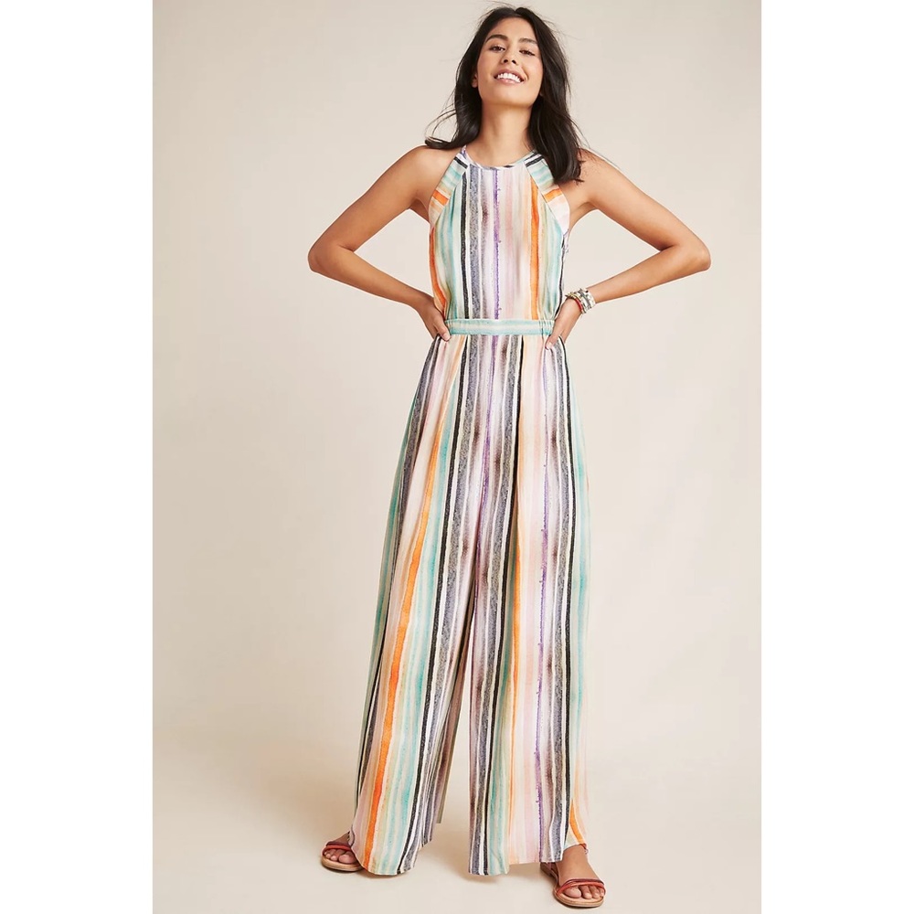 Bl^nk London Gallery Row Striped Wide Leg Halter Jumpsuit Watercolor